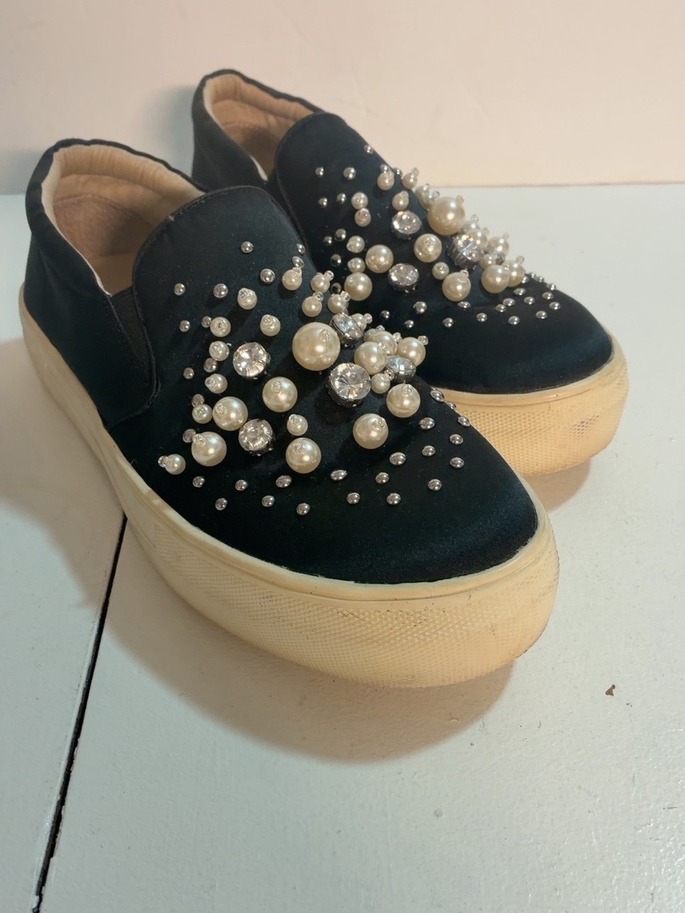 Steve Madden Black Pearl & Crystal Embellished Slip-On Platform Sneakers